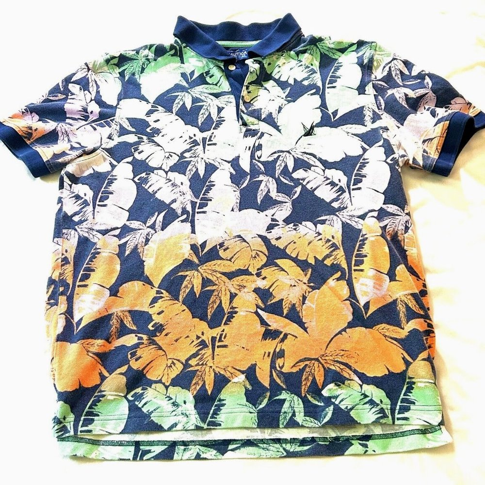 Nautica Blue Sail Hawaiian Polo Mens Size Large Floral Graphic Cotton Shirt